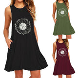 SAGACE Slim A-line skirt, round neck printed sleeveless pocket dress