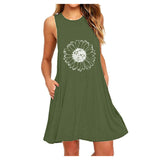 SAGACE Slim A-line skirt, round neck printed sleeveless pocket dress