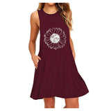 SAGACE Slim A-line skirt, round neck printed sleeveless pocket dress