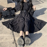 QWEEK Gothic Style Dress Women Harajuku Gothic Lolita Goth Kawaii Dress Punk Cute Long Sleeve Black Midi Dress Emo Oversize