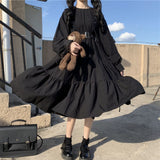 QWEEK Gothic Style Dress Women Harajuku Gothic Lolita Goth Kawaii Dress Punk Cute Long Sleeve Black Midi Dress Emo Oversize