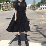 QWEEK Gothic Style Dress Women Harajuku Gothic Lolita Goth Kawaii Dress Punk Cute Long Sleeve Black Midi Dress Emo Oversize