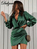 Dulzura Solid Satin Women Long Sleeve V Neck Ruched Wrap Mini Dress Bodycon Sexy Party Elegant Autumn Winter Clothes