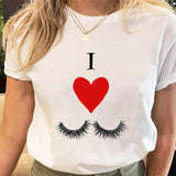 Women Eye Lashes Style Lovely Sweet Print Tees Tshirt Cartoon Female Clothes Tops Print Ladies Fashion Graphic T-Shirt