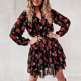 Ladies V Neck Floral Dress Spring Flower Print Long Sleeve Lace-Up Ruffle Dress Chiffon Women Elegant A-Line Party Vestidos