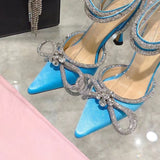 Glitter Rhinestones Women Pumps Runway Style Crystal Bowknot Satin Summer Lady Shoes Genuine Leather High Heels Party Prom Shoes