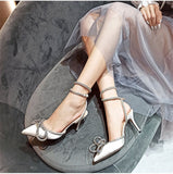 Glitter Rhinestones Women Pumps Runway Style Crystal Bowknot Satin Summer Lady Shoes Genuine Leather High Heels Party Prom Shoes