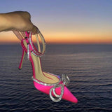 Glitter Rhinestones Women Pumps Runway Style Crystal Bowknot Satin Summer Lady Shoes Genuine Leather High Heels Party Prom Shoes
