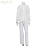 Clacive Causal Loose Home Suit Autumn Long Sleeve Blouse With High Wasit Pants Set Women Elegant Pleated Beige 2 Piece Pant Sets