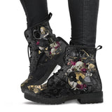 Martin Boots Womens Fashion Womens Tooling Boots Skull and Flower Print High-top Boots Ladies