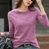 2022 Ribbed Sping Fashion Bamboo Cotton T-Shirt Autumn Women O-Neck Loose Simple Purple Tshirt