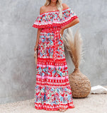 Summer Print Vintage Long Dresses For Women Sexy Off-Shoulder Ruffle Fashion Boho Party Maxi Dress