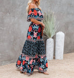 Summer Print Vintage Long Dresses For Women Sexy Off-Shoulder Ruffle Fashion Boho Party Maxi Dress