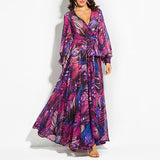 Women Fashion V-Neck Sexy Dress Summer Backless Print Bohemian Beach Dress Casual Long Sleeve Female Party Maxi Dress Ropa Mujer