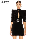 Velvet Dress Sexy Stand Collar Long Sleeve Belt Bodycon Hollow Mini Dress