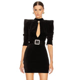 Velvet Dress Sexy Stand Collar Long Sleeve Belt Bodycon Hollow Mini Dress