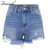 Znaiml Ripped Tassels High Waist Button Blue Denim Shorts