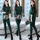 Fashion Suit Female Patchwork Pantsuits Casual Loose Oversize Print Two Pieces Women Clothing Sets O-Neck Long Sleeve Tracksuit