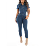 Summer Short Sleeve Bodysuit Women Fashion Lapel Collar Single-breasted Blue Jeans Jumpsuit Female Casual Bodycon Denim Rompers