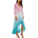 Gradient Color Dress Women Summer Casual Long Sleeve Boho Beach Maxi Dress Female Sexy Deep V Neck Long Party Dress