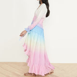 Gradient Color Dress Women Summer Casual Long Sleeve Boho Beach Maxi Dress Female Sexy Deep V Neck Long Party Dress