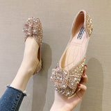 Women Ballet Flats Bling Crystal Diamond Dress Ladies Bow Sequins Single Shoes Rhinestone Glitter Square Toe Plus Size 43