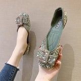Women Ballet Flats Bling Crystal Diamond Dress Ladies Bow Sequins Single Shoes Rhinestone Glitter Square Toe Plus Size 43