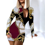 Sexy Long Sleeve Bodycon Mini Dress Women Autumn Fashion Deep V Neck Print Club Outfits Party Dresses Casual Robe Femme