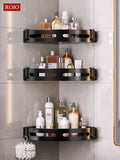 Wall Amounted Storage Rack Thicken Aluminum Black Bathroom Corner Shelf No Punch Triangle Organizer Holder Metal Home Appliance