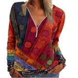 Spring and Summer New Fashion Vintage Printed Zipper V-neck Long Sleeve T-shirt