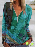 Spring and Summer New Fashion Vintage Printed Zipper V-neck Long Sleeve T-shirt