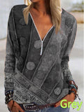 Spring and Summer New Fashion Vintage Printed Zipper V-neck Long Sleeve T-shirt
