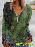 Spring and Summer New Fashion Vintage Printed Zipper V-neck Long Sleeve T-shirt