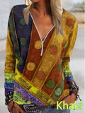 Spring and Summer New Fashion Vintage Printed Zipper V-neck Long Sleeve T-shirt
