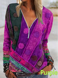 Spring and Summer New Fashion Vintage Printed Zipper V-neck Long Sleeve T-shirt