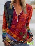 Spring and Summer New Fashion Vintage Printed Zipper V-neck Long Sleeve T-shirt