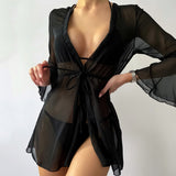 Black Solid Pom Sheer Lace Up Cover Ups for Women Sexy Sheer Mesh Cover Up Shorts Beach Cover-Up Beach Wrap Bikini Wraps