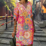 Women Elegant Dress Summer Fashion Loose V-Neck Half Sleeve A-Line Dress Sundress Female Vintage Print Midi Dresses Vestidos