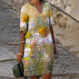 Women Elegant Dress Summer Fashion Loose V-Neck Half Sleeve A-Line Dress Sundress Female Vintage Print Midi Dresses Vestidos