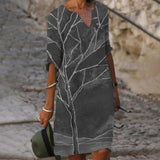 Women Elegant Dress Summer Fashion Loose V-Neck Half Sleeve A-Line Dress Sundress Female Vintage Print Midi Dresses Vestidos