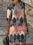 Women Elegant Dress Summer Fashion Loose V-Neck Half Sleeve A-Line Dress Sundress Female Vintage Print Midi Dresses Vestidos