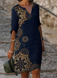 Women Elegant Dress Summer Fashion Loose V-Neck Half Sleeve A-Line Dress Sundress Female Vintage Print Midi Dresses Vestidos