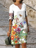 Women Elegant Dress Summer Fashion Loose V-Neck Half Sleeve A-Line Dress Sundress Female Vintage Print Midi Dresses Vestidos