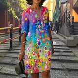 Women Elegant Dress Summer Fashion Loose V-Neck Half Sleeve A-Line Dress Sundress Female Vintage Print Midi Dresses Vestidos