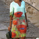 Women Elegant Dress Summer Fashion Loose V-Neck Half Sleeve A-Line Dress Sundress Female Vintage Print Midi Dresses Vestidos