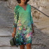 Women Elegant Dress Summer Fashion Loose V-Neck Half Sleeve A-Line Dress Sundress Female Vintage Print Midi Dresses Vestidos