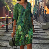 Women Elegant Dress Summer Fashion Loose V-Neck Half Sleeve A-Line Dress Sundress Female Vintage Print Midi Dresses Vestidos