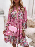 Elegant Retro Floral Print Flare Sleeve Mini Dress Spring Ruffle Loose Women Party Dress