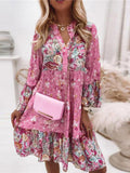 Elegant Retro Floral Print Flare Sleeve Mini Dress Spring Ruffle Loose Women Party Dress