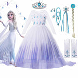 2022 Disney Frozen 2 Costume for Girls Princess Elsa Dress White Ball Gown Birthday Kids Snow Queen Cosplay Carnival Clothing